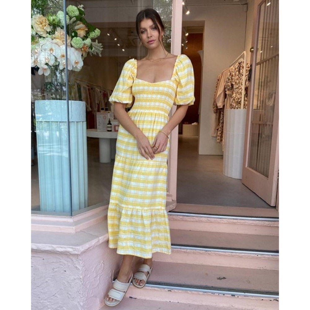 Faithfull The Brand Gianna Linen Midi Dress in Ligne Check